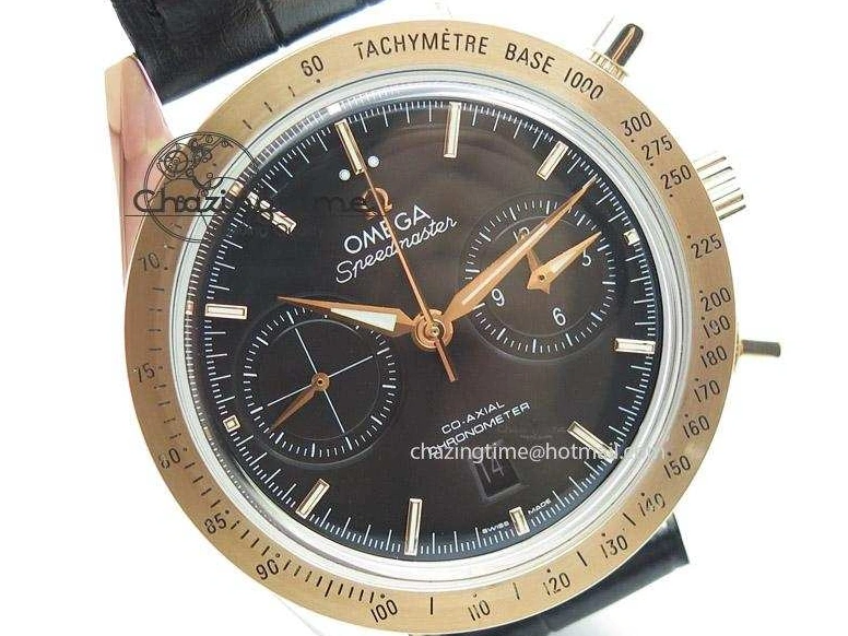 0509 Trendsetting Speedmaster ’57 SS Chrono AXF Best Edition RG Bezel Black Dial on Black Leather Strap A 8283